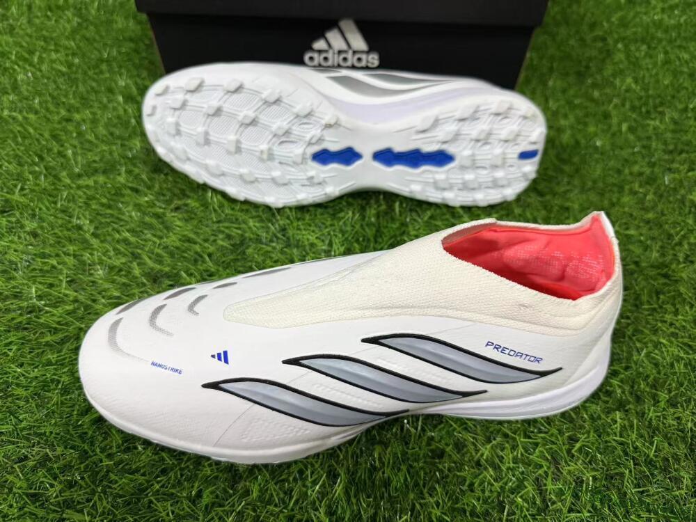 Adidas Predator 26 Elite Laceless TF Artificial Turf Soccer Shoes - White/Electric Blue/Light Grey