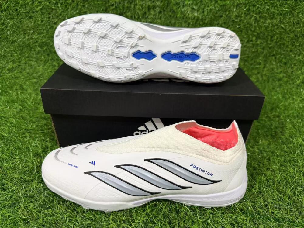 Adidas Predator 26 Elite Laceless TF Artificial Turf Soccer Shoes - White/Electric Blue/Light Grey