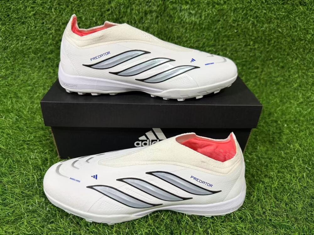 Adidas Predator 26 Elite Laceless TF Artificial Turf Soccer Shoes - White/Electric Blue/Light Grey