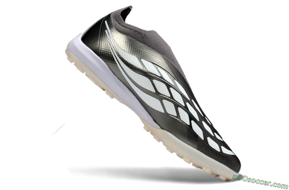 Adidas Predator 26 Elite Laceless TF Artificial Turf Soccer Shoes - Grey/Metallic Silver/Crimson Red 5