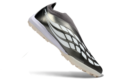Adidas Predator 26 Elite Laceless TF Artificial Turf Soccer Shoes - Grey/Metallic Silver/Crimson Red