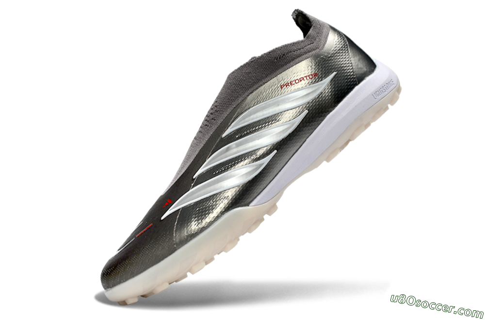 Adidas Predator 26 Elite Laceless TF Artificial Turf Soccer Shoes - Grey/Metallic Silver/Crimson Red 6