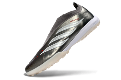 Adidas Predator 26 Elite Laceless TF Artificial Turf Soccer Shoes - Grey/Metallic Silver/Crimson Red