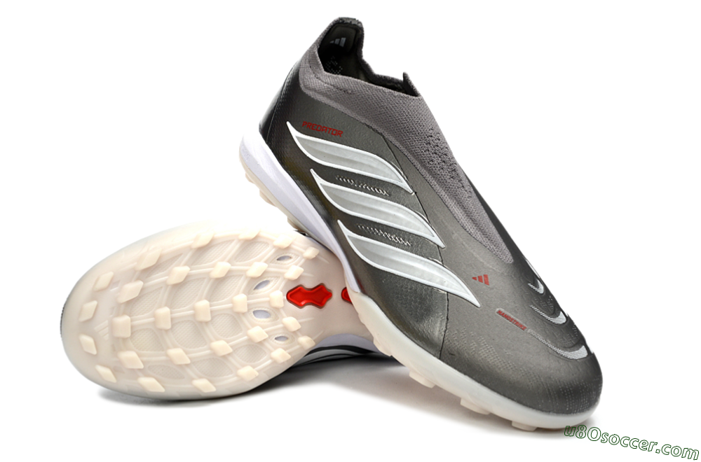 Adidas Predator 26 Elite Laceless TF Artificial Turf Soccer Shoes - Grey/Metallic Silver/Crimson Red 4