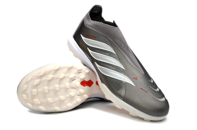 Adidas Predator 26 Elite Laceless TF Artificial Turf Soccer Shoes - Grey/Metallic Silver/Crimson Red