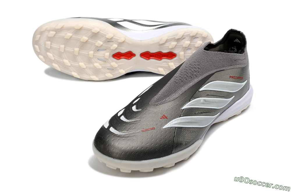Adidas Predator 26 Elite Laceless TF Artificial Turf Soccer Shoes - Grey/Metallic Silver/Crimson Red 3