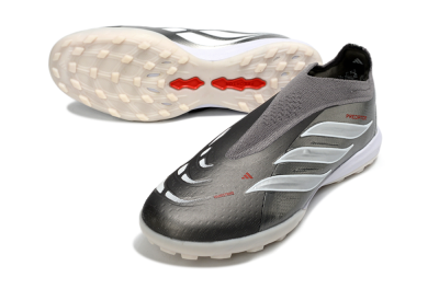 Adidas Predator 26 Elite Laceless TF Artificial Turf Soccer Shoes - Grey/Metallic Silver/Crimson Red