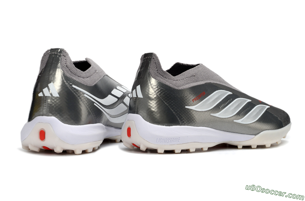 Adidas Predator 26 Elite Laceless TF Artificial Turf Soccer Shoes - Grey/Metallic Silver/Crimson Red 7