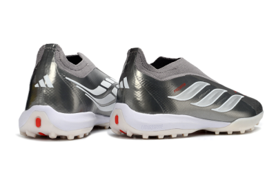 Adidas Predator 26 Elite Laceless TF Artificial Turf Soccer Shoes - Grey/Metallic Silver/Crimson Red