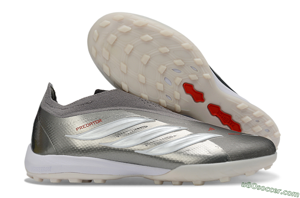 Adidas Predator 26 Elite Laceless TF Artificial Turf Soccer Shoes - Grey/Metallic Silver/Crimson Red 1