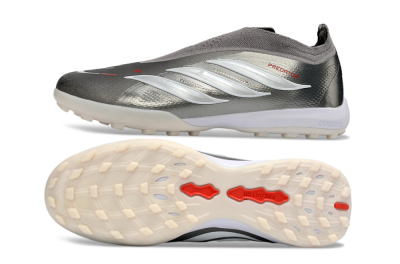 Adidas Predator 26 Elite Laceless TF Artificial Turf Soccer Shoes - Grey/Metallic Silver/Crimson Red