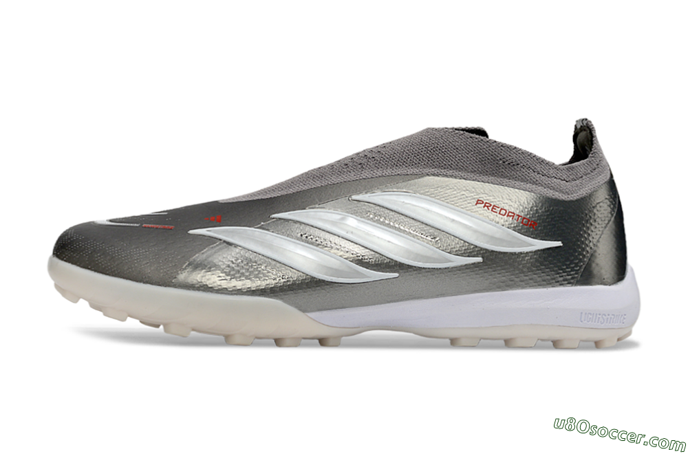 Adidas Predator 26 Elite Laceless TF Artificial Turf Soccer Shoes - Grey/Metallic Silver/Crimson Red 2