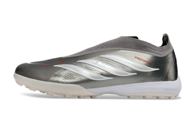 Adidas Predator 26 Elite Laceless TF Artificial Turf Soccer Shoes - Grey/Metallic Silver/Crimson Red