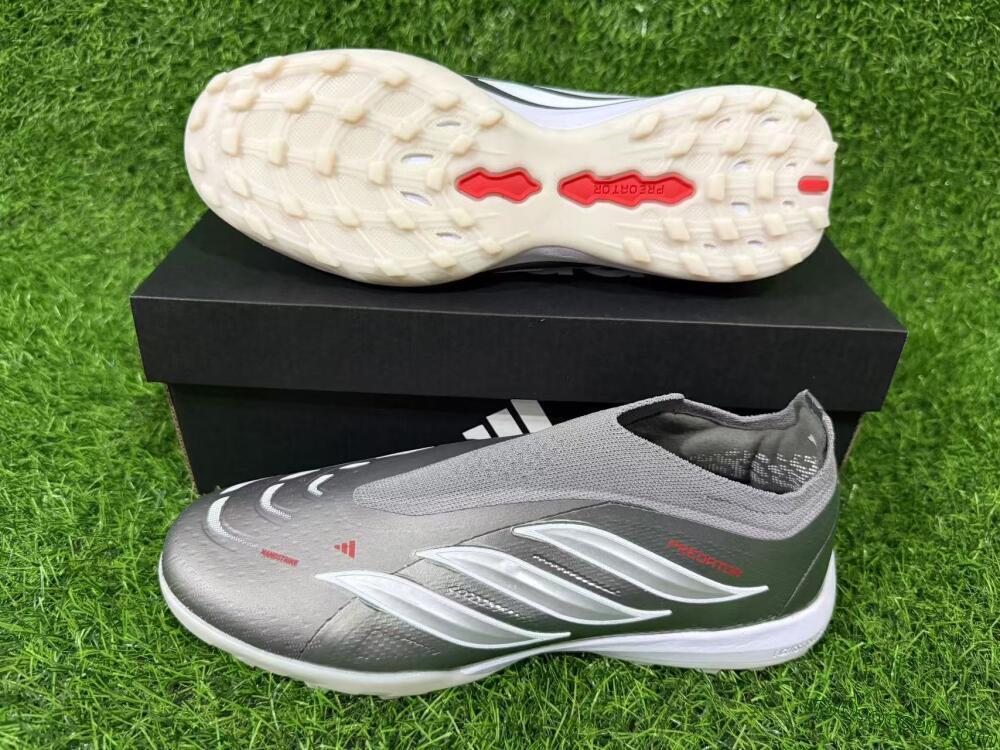 Adidas Predator 26 Elite Laceless TF Artificial Turf Soccer Shoes - Grey/Metallic Silver/Crimson Red