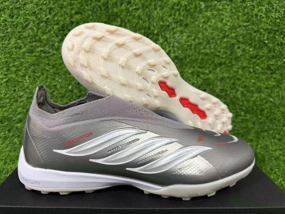 Adidas Predator 26 Elite Laceless TF Artificial Turf Soccer Shoes - Grey/Metallic Silver/Crimson Red