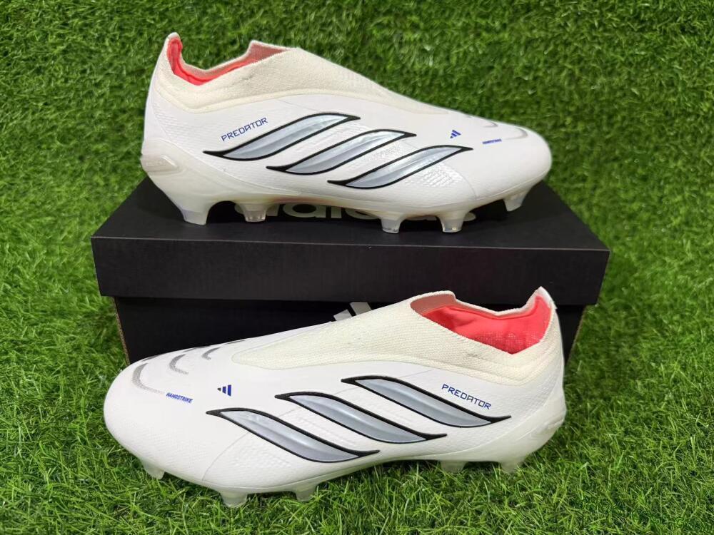 Adidas Predator 26 Elite Laceless FG Firm Ground Soccer Cleats - White/Iridium Silver/Black