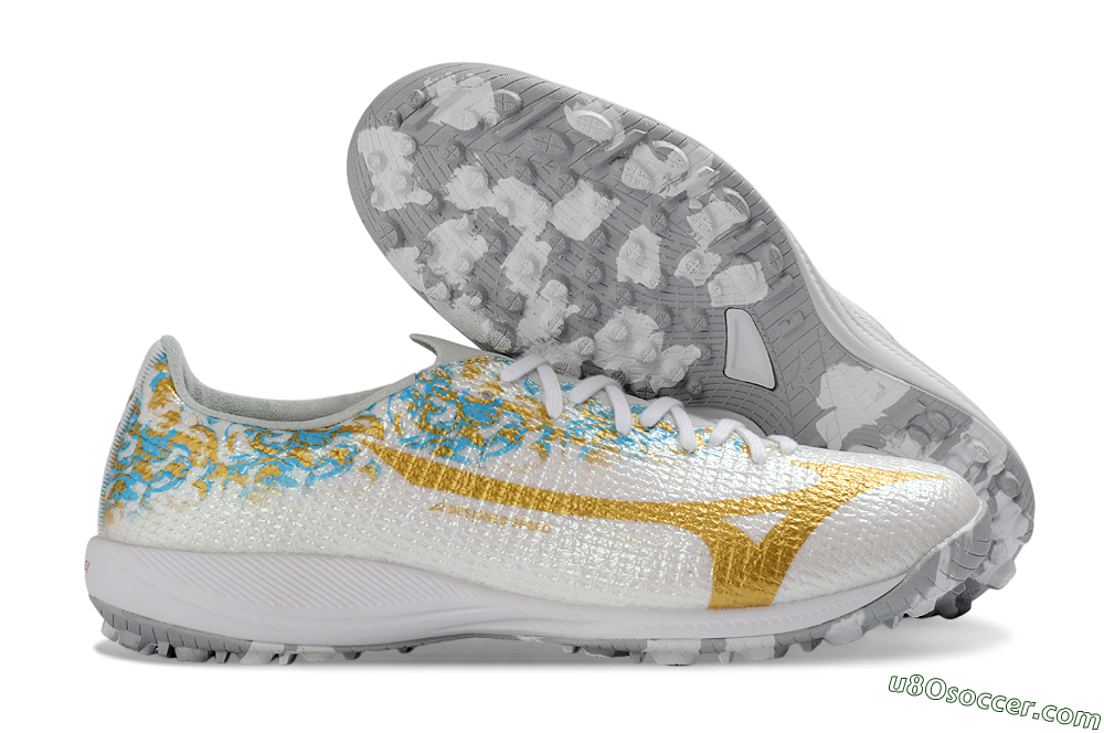 Mizuno Alpha 3 Elite TF Artificial Turf Soccer Shoes - White/Golden Shine/Blue Flare 1