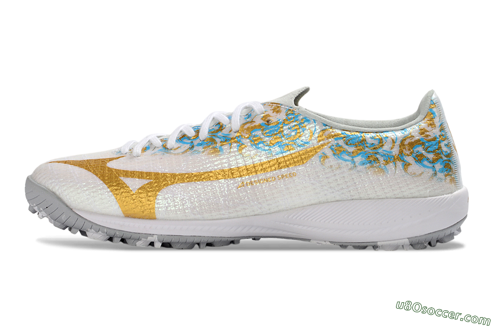 Mizuno Alpha 3 Elite TF Artificial Turf Soccer Shoes - White/Golden Shine/Blue Flare 2