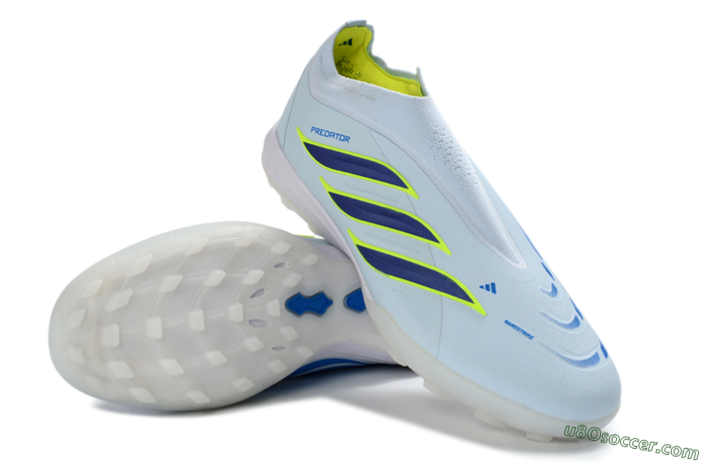 Adidas Predator 26 Elite Laceless TF Artificial Turf Soccer Shoes - Blue/Sky Blue/Lime Green 4