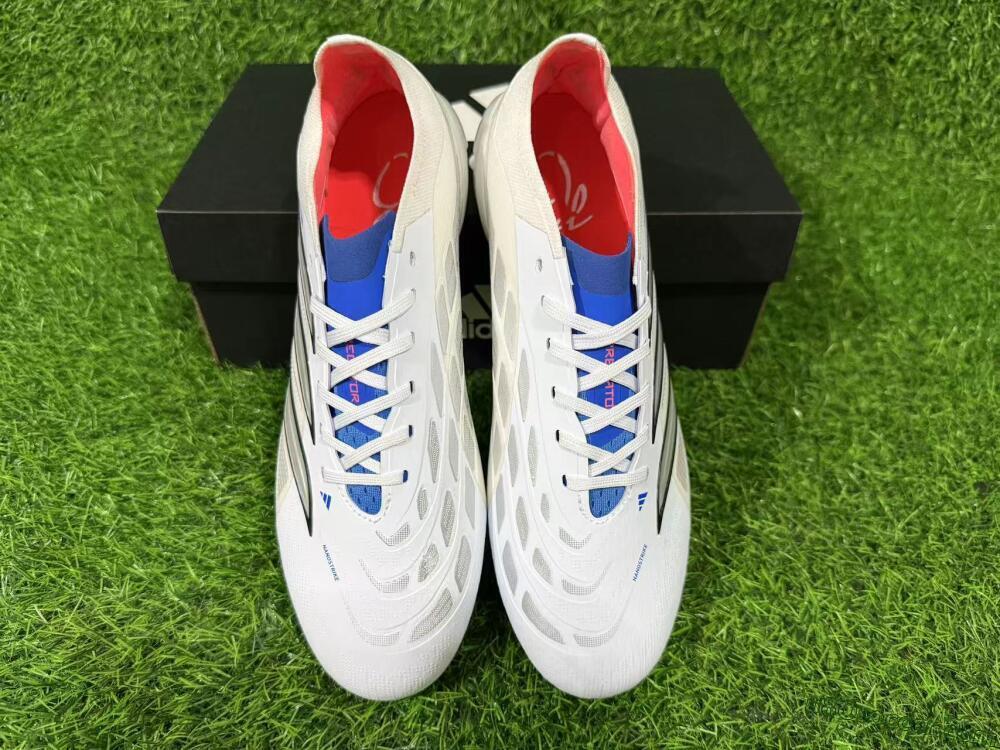 Adidas Predator 26 Elite FG Firm Ground Soccer Cleats - White/Electric Blue/Metallic Silver