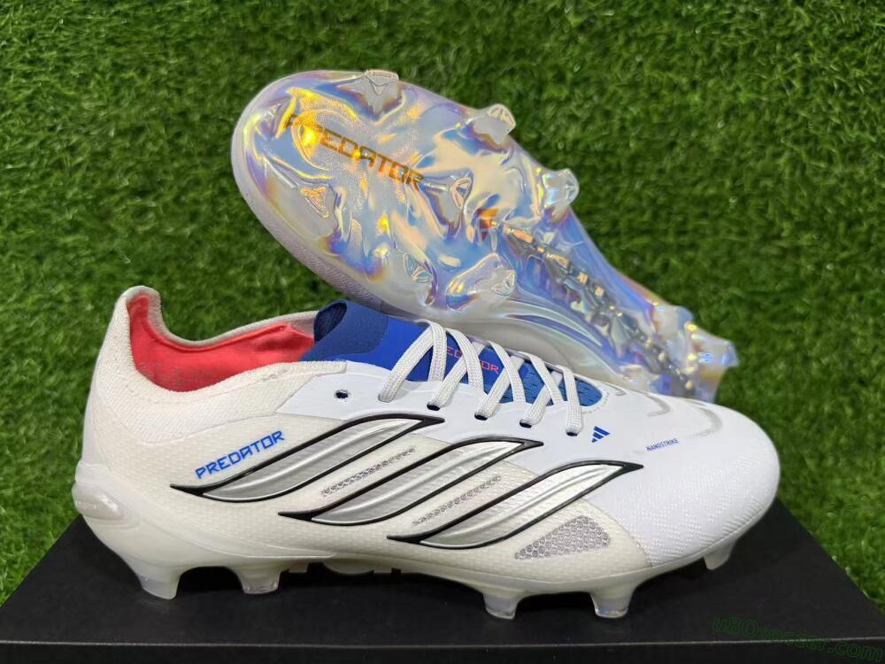 Adidas Predator 26 Elite FG Firm Ground Soccer Cleats - White/Electric Blue/Metallic Silver