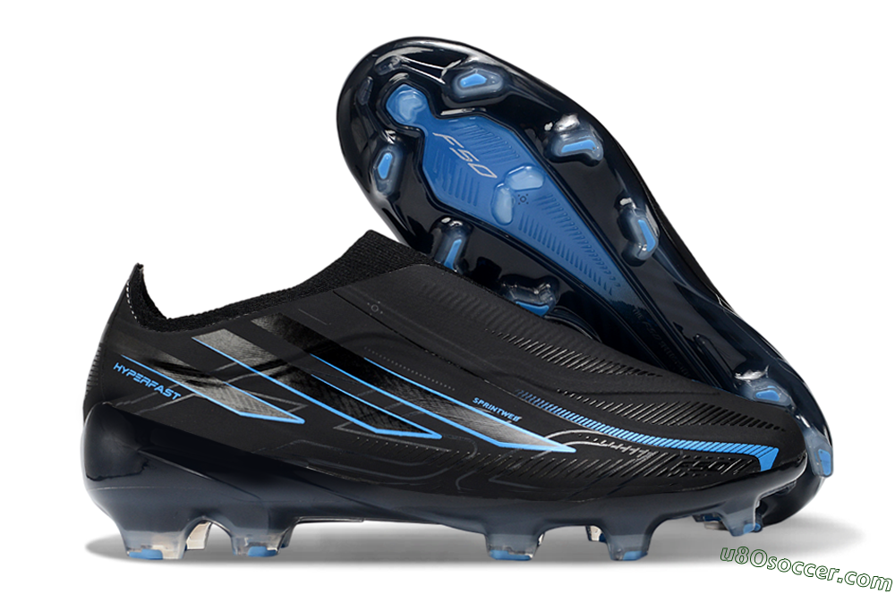 Adidas F50 Hyperfast 2026 World Cup Laceless FG Firm Ground Soccer Cleats - Black/Electric Blue/Shadow Blue 1
