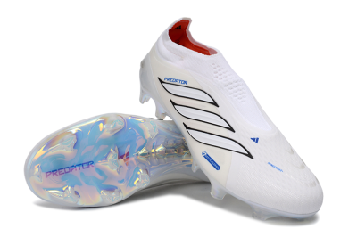 Adidas Predator 26 Elite Laceless FG Firm Ground Soccer Cleats - White/Electric Blue/Iridescent Silver