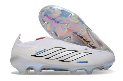 Adidas Predator 26 Elite Laceless FG Firm Ground Soccer Cleats - White/Electric Blue/Iridescent Silver