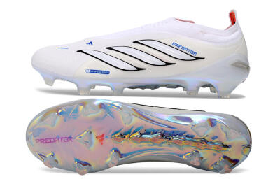 Adidas Predator 26 Elite Laceless FG Firm Ground Soccer Cleats - White/Electric Blue/Iridescent Silver