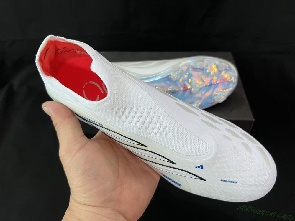 Adidas Predator 26 Elite Laceless FG Firm Ground Soccer Cleats - White/Electric Blue/Iridescent Silver