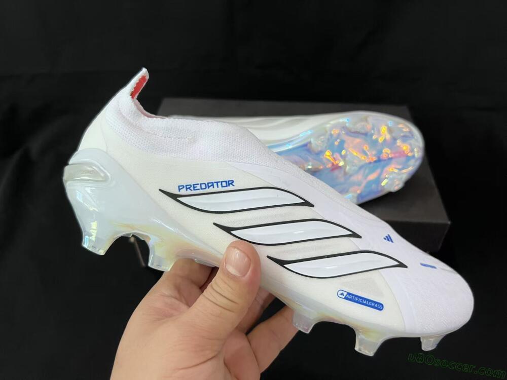 Adidas Predator 26 Elite Laceless FG Firm Ground Soccer Cleats - White/Electric Blue/Iridescent Silver