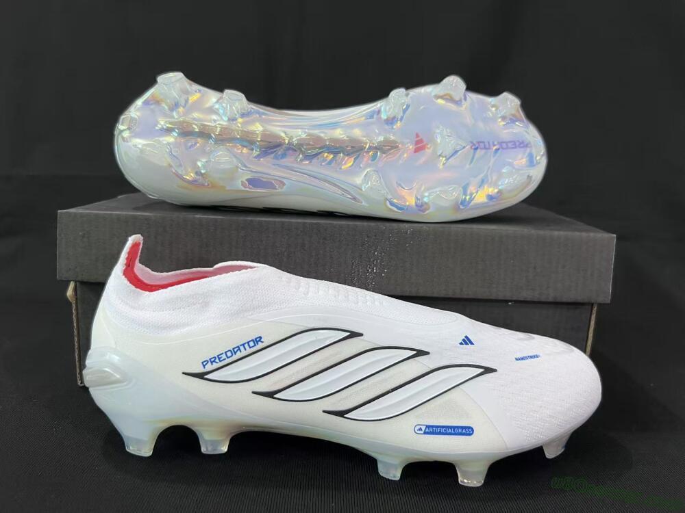 Adidas Predator 26 Elite Laceless FG Firm Ground Soccer Cleats - White/Electric Blue/Iridescent Silver