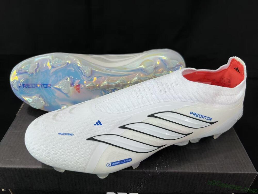 Adidas Predator 26 Elite Laceless FG Firm Ground Soccer Cleats - White/Electric Blue/Iridescent Silver