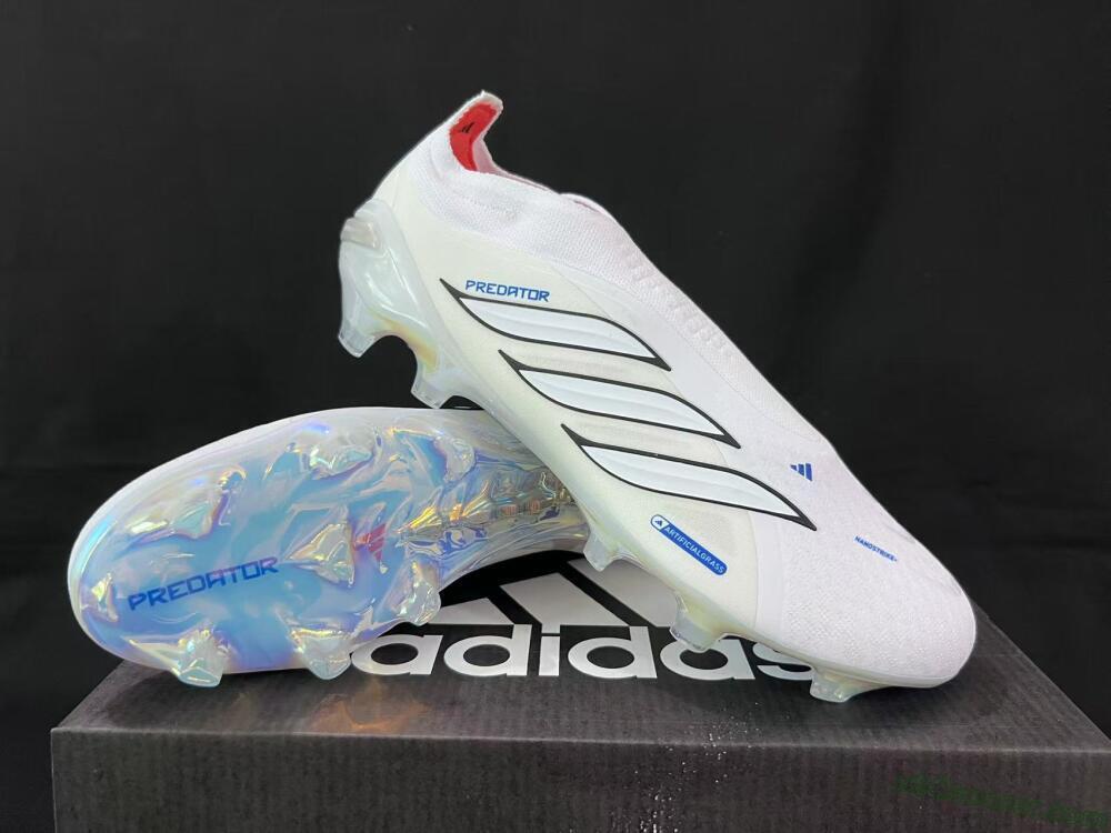Adidas Predator 26 Elite Laceless FG Firm Ground Soccer Cleats - White/Electric Blue/Iridescent Silver