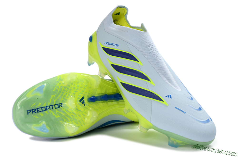 Adidas Predator 26 Elite Laceless FG Firm Ground Soccer Cleats - White/Neon Green/Navy Blue 4