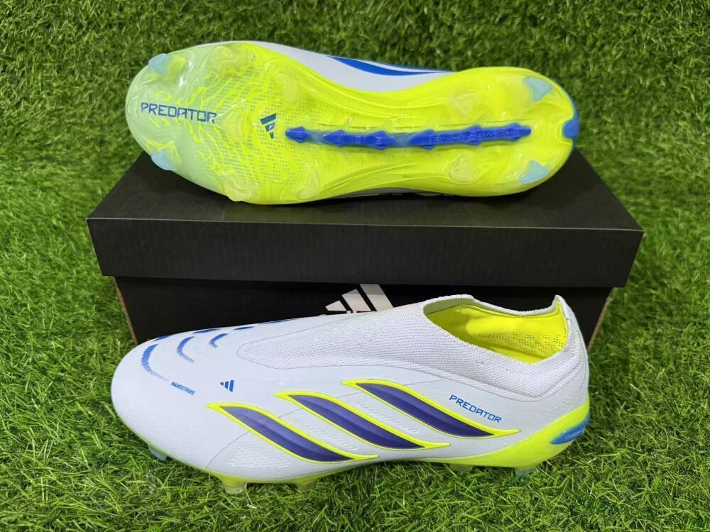 Adidas Predator 26 Elite Laceless FG Firm Ground Soccer Cleats - White/Neon Green/Navy Blue