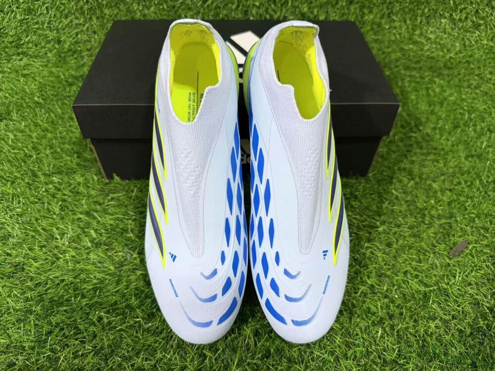 Adidas Predator 26 Elite Laceless FG Firm Ground Soccer Cleats - White/Neon Green/Navy Blue