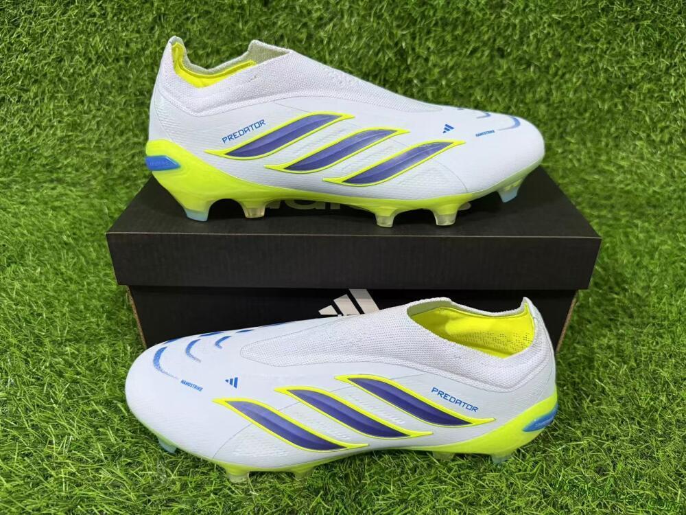Adidas Predator 26 Elite Laceless FG Firm Ground Soccer Cleats - White/Neon Green/Navy Blue