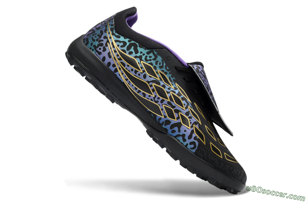Adidas Predator 26 Elite Fold-Over Tongue TF Artificial Turf Soccer Shoes - Black/Blue Leopard/Gold Accents 5