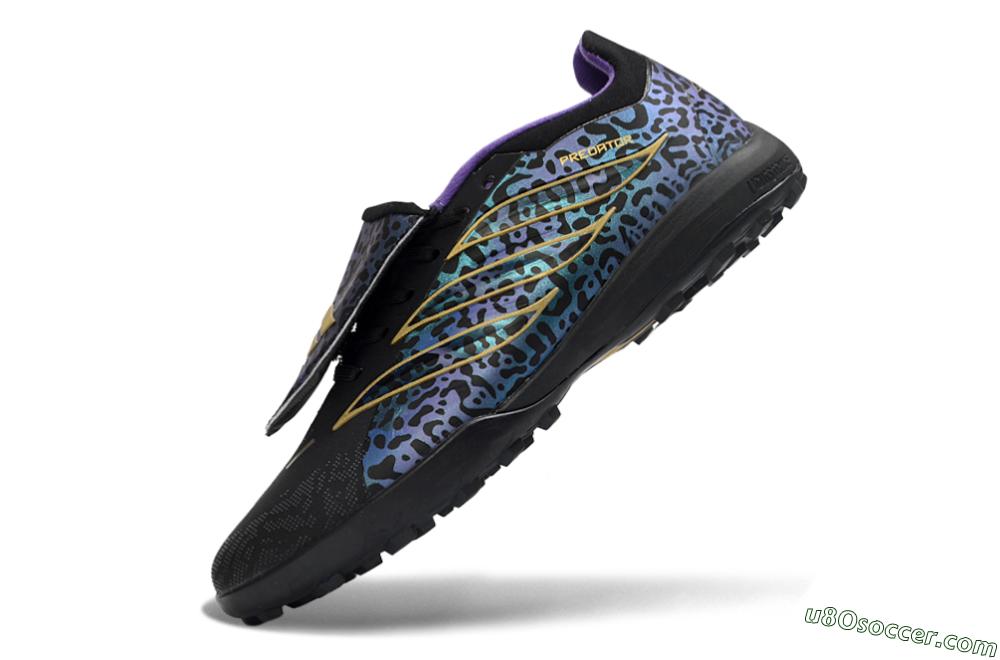 Adidas Predator 26 Elite Fold-Over Tongue TF Artificial Turf Soccer Shoes - Black/Blue Leopard/Gold Accents 6