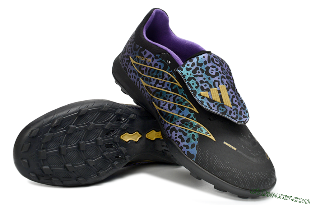 Adidas Predator 26 Elite Fold-Over Tongue TF Artificial Turf Soccer Shoes - Black/Blue Leopard/Gold Accents 4