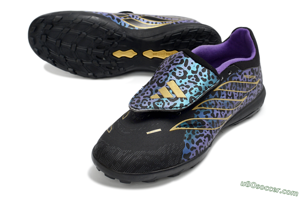 Adidas Predator 26 Elite Fold-Over Tongue TF Artificial Turf Soccer Shoes - Black/Blue Leopard/Gold Accents 3