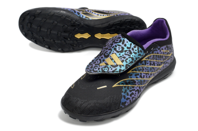 Adidas Predator 26 Elite Fold-Over Tongue TF Artificial Turf Soccer Shoes - Black/Blue Leopard/Gold Accents