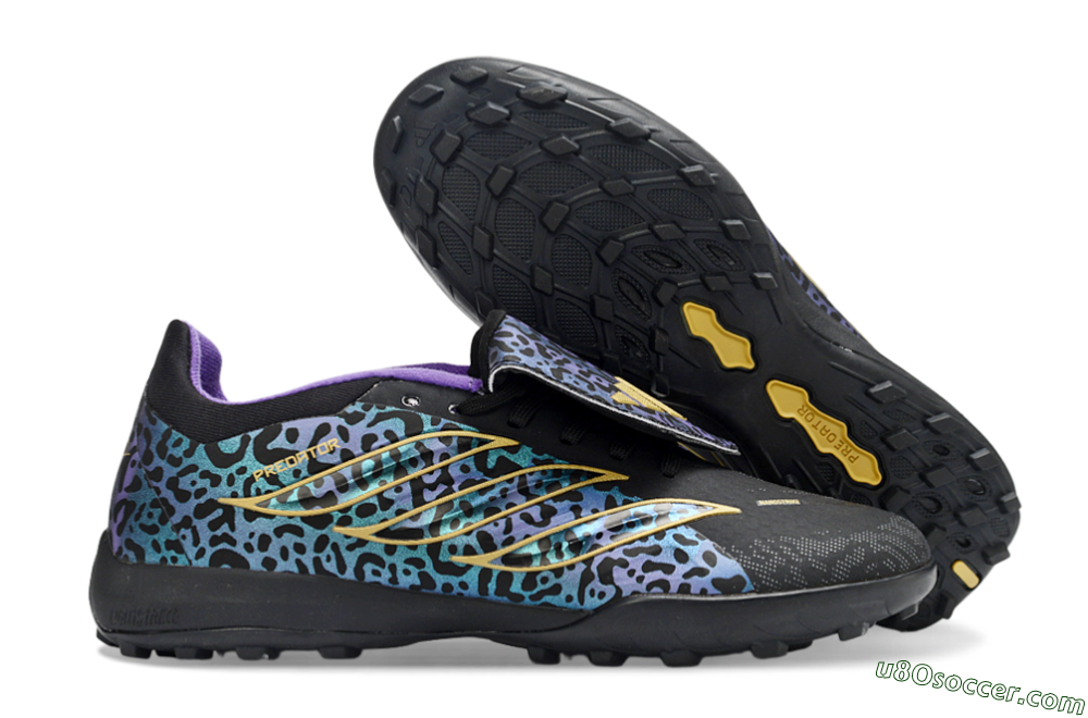 Adidas Predator 26 Elite Fold-Over Tongue TF Artificial Turf Soccer Shoes - Black/Blue Leopard/Gold Accents 1