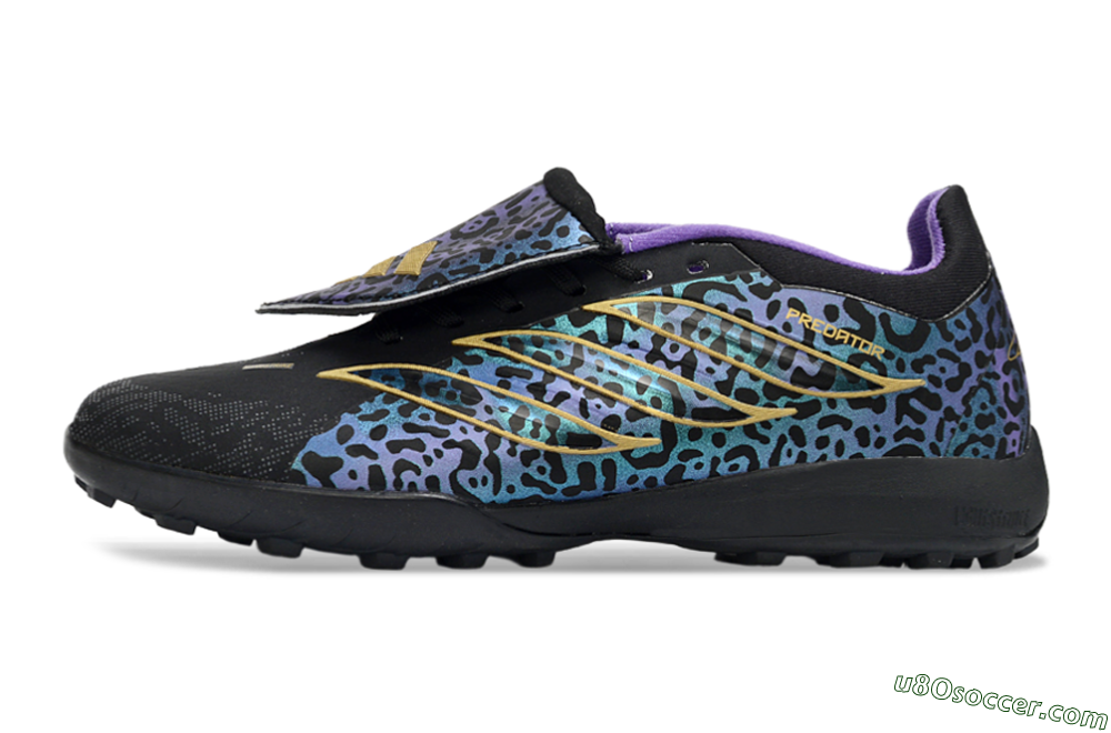 Adidas Predator 26 Elite Fold-Over Tongue TF Artificial Turf Soccer Shoes - Black/Blue Leopard/Gold Accents 2
