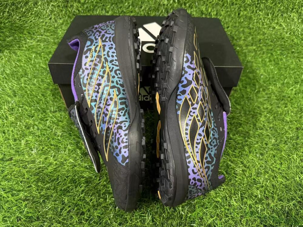 Adidas Predator 26 Elite Fold-Over Tongue TF Artificial Turf Soccer Shoes - Black/Blue Leopard/Gold Accents