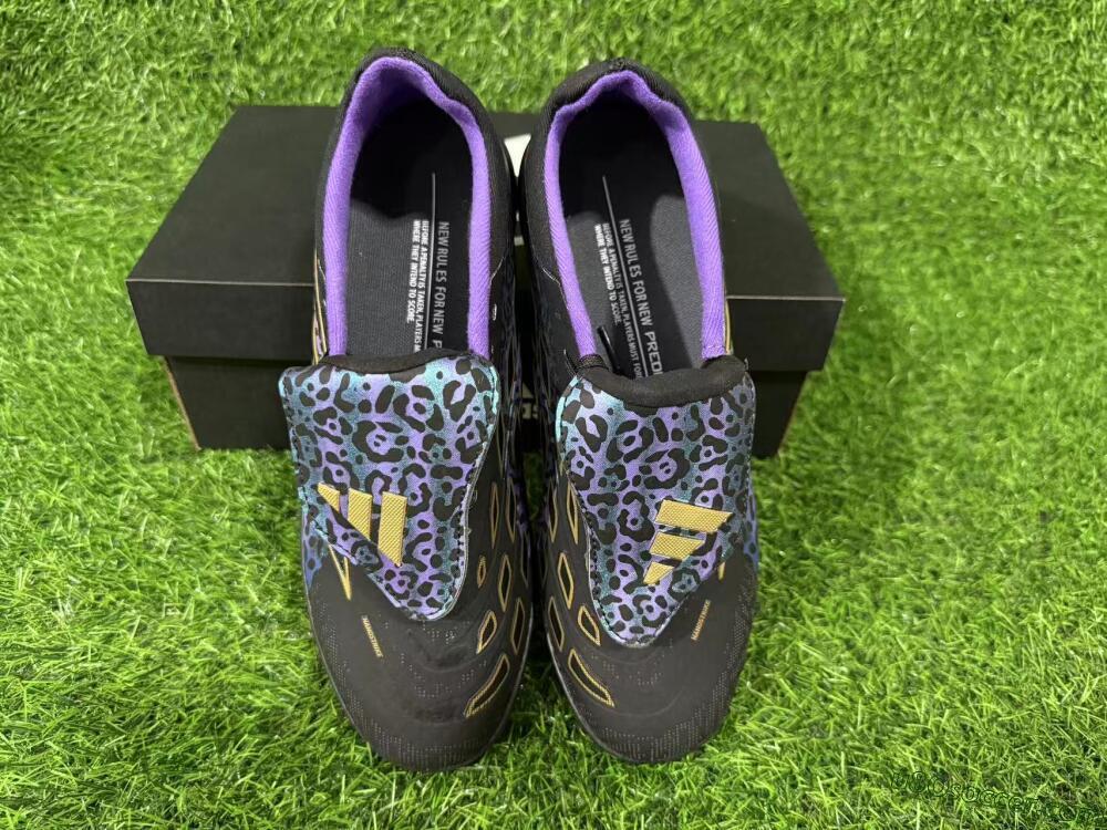 Adidas Predator 26 Elite Fold-Over Tongue TF Artificial Turf Soccer Shoes - Black/Blue Leopard/Gold Accents