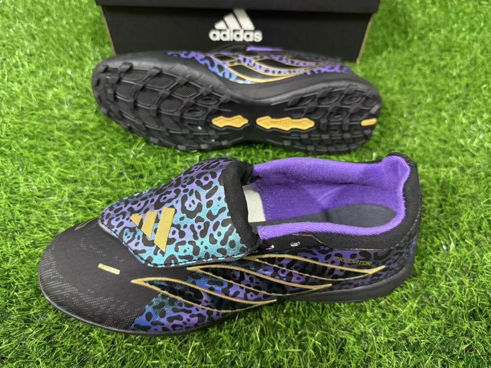 Adidas Predator 26 Elite Fold-Over Tongue TF Artificial Turf Soccer Shoes - Black/Blue Leopard/Gold Accents