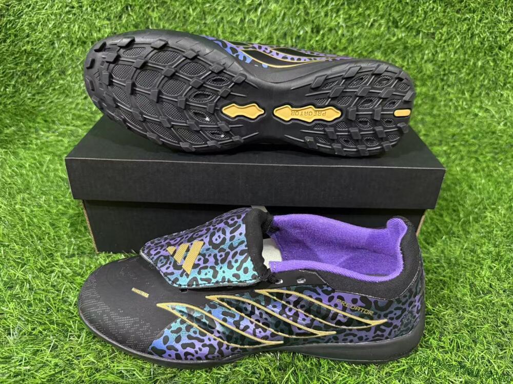 Adidas Predator 26 Elite Fold-Over Tongue TF Artificial Turf Soccer Shoes - Black/Blue Leopard/Gold Accents