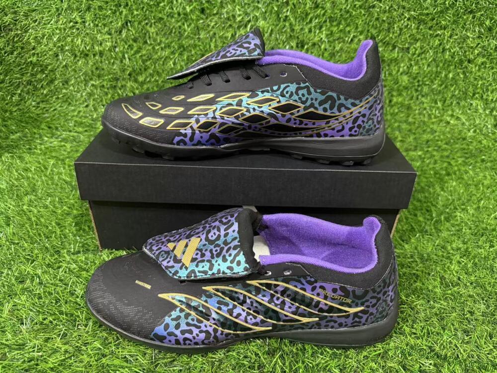 Adidas Predator 26 Elite Fold-Over Tongue TF Artificial Turf Soccer Shoes - Black/Blue Leopard/Gold Accents